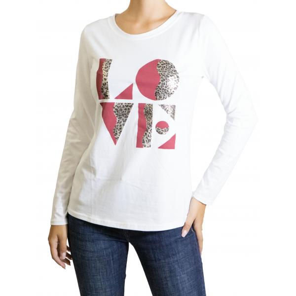 t shirt manica lunga con stampa love leopardata